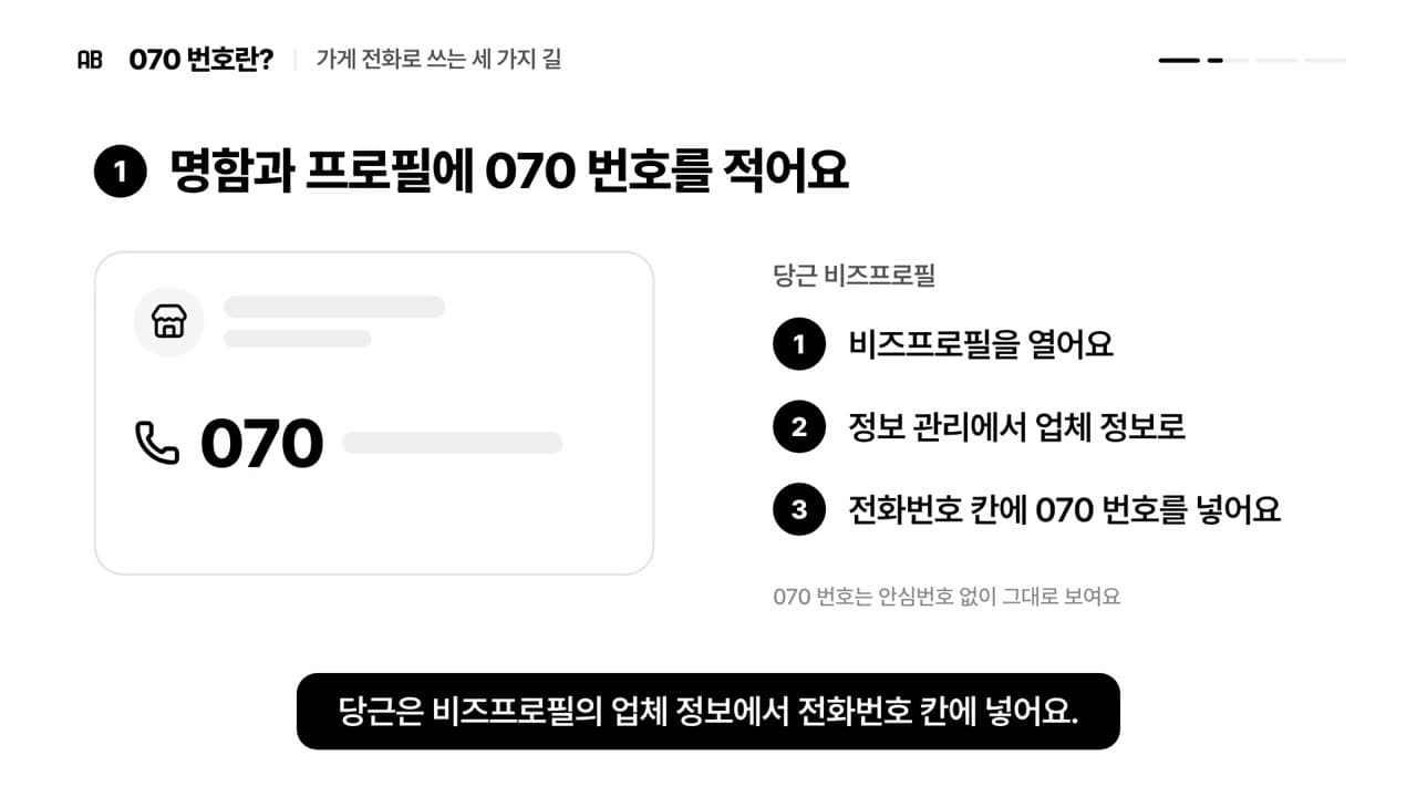 명함 그림에 070 번호가 적혀 있고 오른쪽에 당근 비즈프로필에 넣는 순서 셋이 보이는 장면