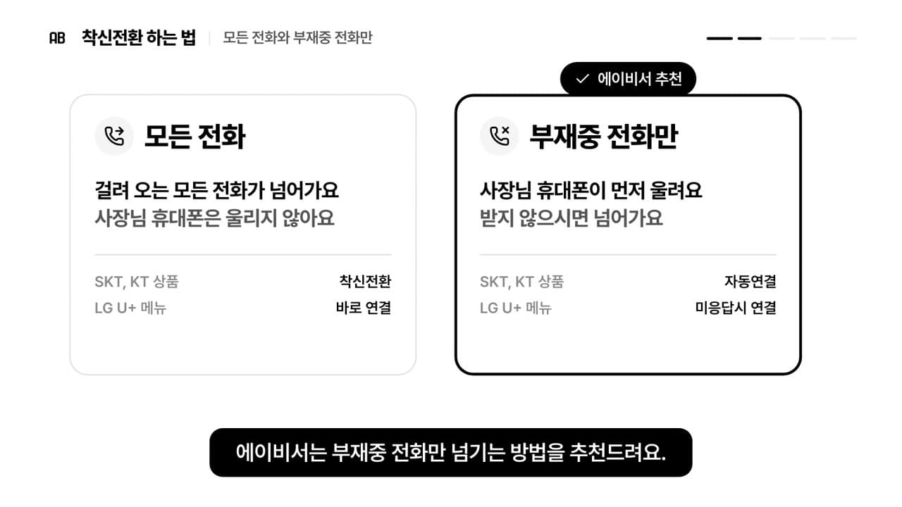 모든 전화 카드와 부재중 전화만 카드를 나란히 두고 부재중 전화만 카드에 에이비서 추천 표시가 붙은 장면